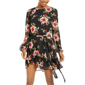 City Studios Juniors Metallic Floral-Print Chiffon Dress Large Black Long Sleeve